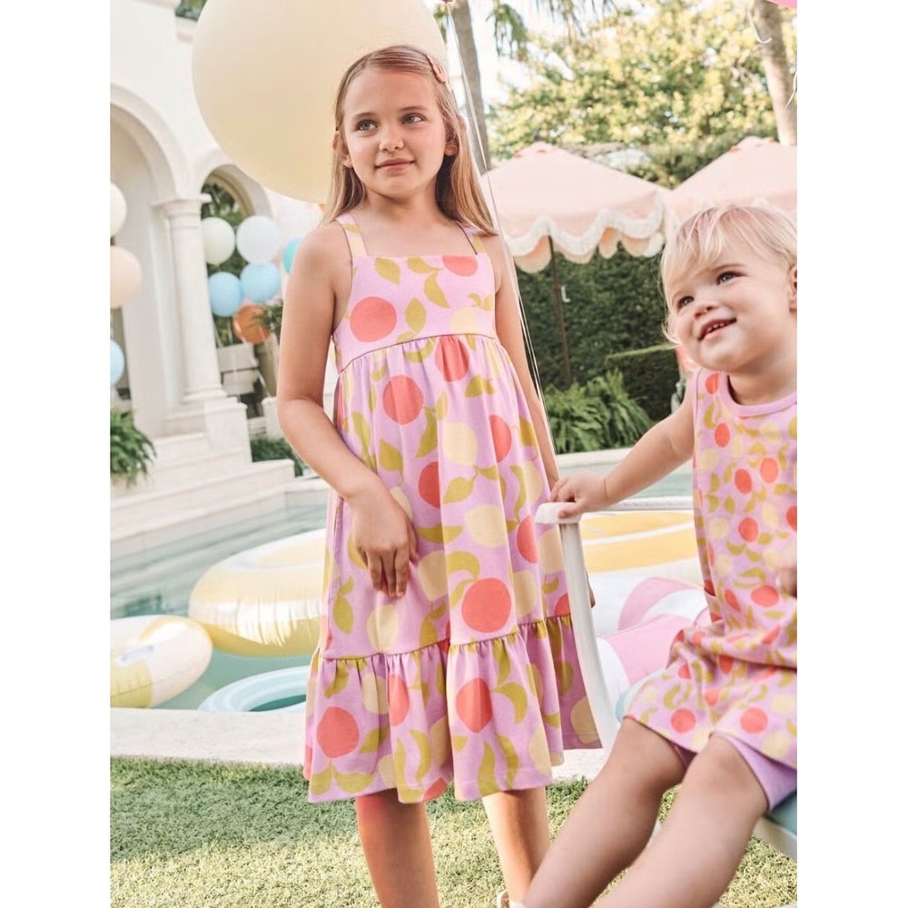Hanna Andersson Girls Size 140 10 Purple Fruit Print Ruffle Hem Sundress Pockets